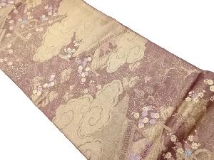 リサイクル　雲に草花・寺院風景模様織出し袋帯